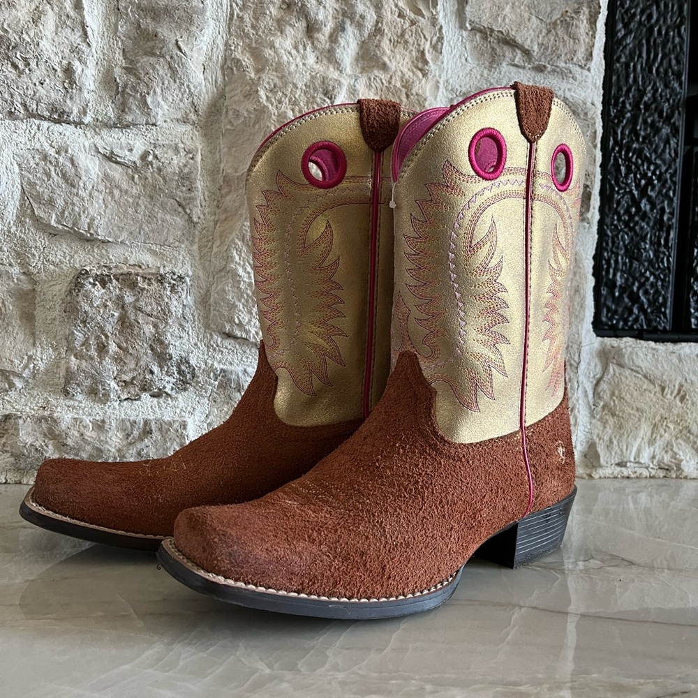 Brown and Tan Western Boots with Pink Accents